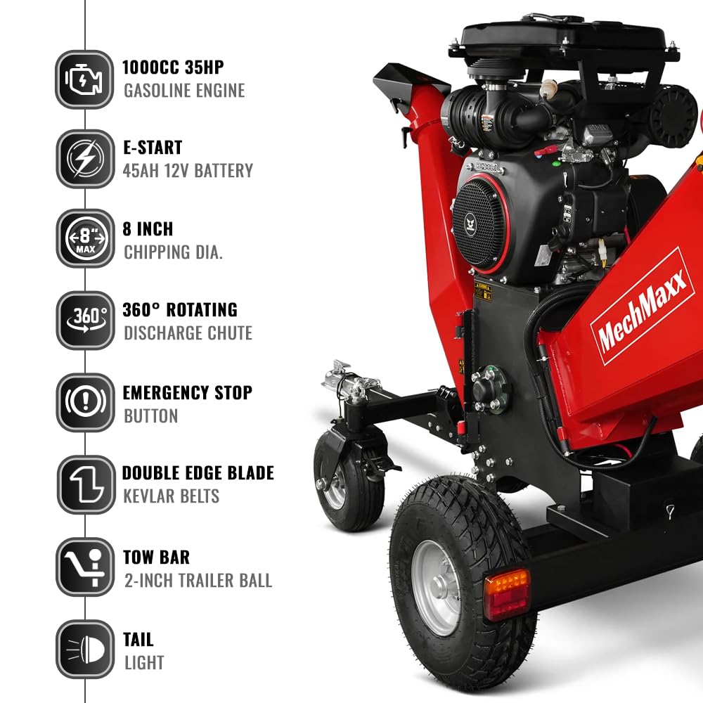 MechMaxx 8'' Inch ZONSEN 1000cc 35hp E-Start Gas Powered Engine 4-Wheels Wood Chipper Shredder Mulcher with Towbar/Tail Light/Emergency Stop Switch, Model B200 Red - Detailed View