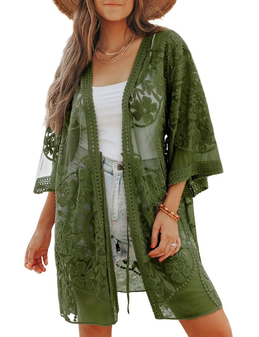 Bsubseach Mujeres Sexy Encaje Crochet Frente Abierto Traje de baño Beach Long Kimono Cover Ups