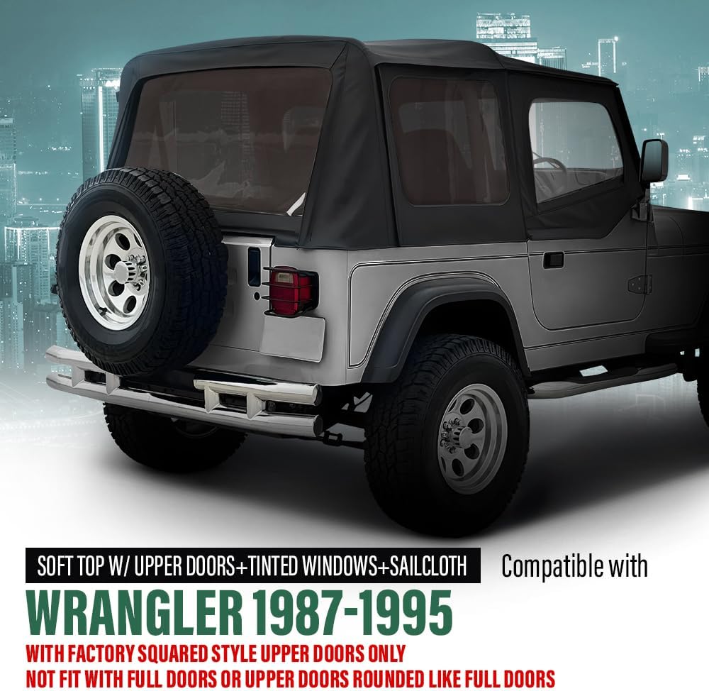 GRAND ORANGE Soft Top Sailcloth w/ plastic windows Black Compatible with Jeep Wrangler 1987-1995 With Factory Squared Style Upper Doors 9870215, 9870217