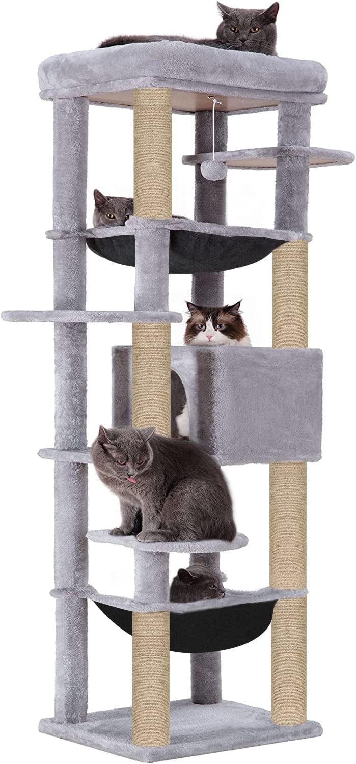 FURRLOVERS Climbing Tower Activity Cat Tree - Fur Fabric | Top Bed | Hammocks | Condo | Multiple Seats | Jute Rope Scratching Posts | for Adult Cats & Kittens (Height 70 Inch) (Grey - FURR-90) (B0CSKGTQ9T) Amazon Price History, Amazon Price Tracker