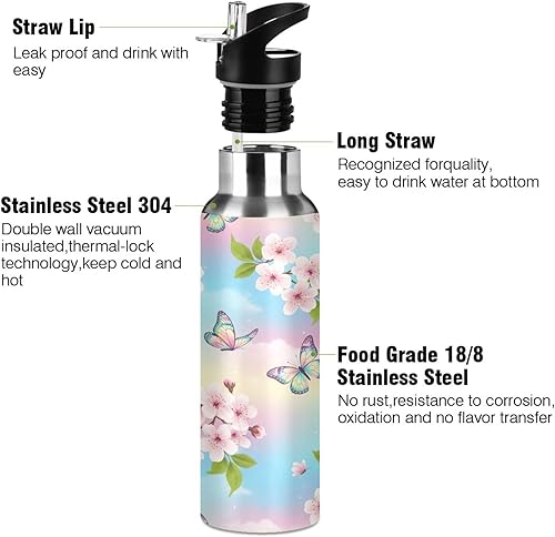 Miniatura 3 de Botella de agua de acero inoxidable aislada con diseño de flores de cerezo pastel con pajilla, botellas de agua a prueba de fugas de 20 onzas,