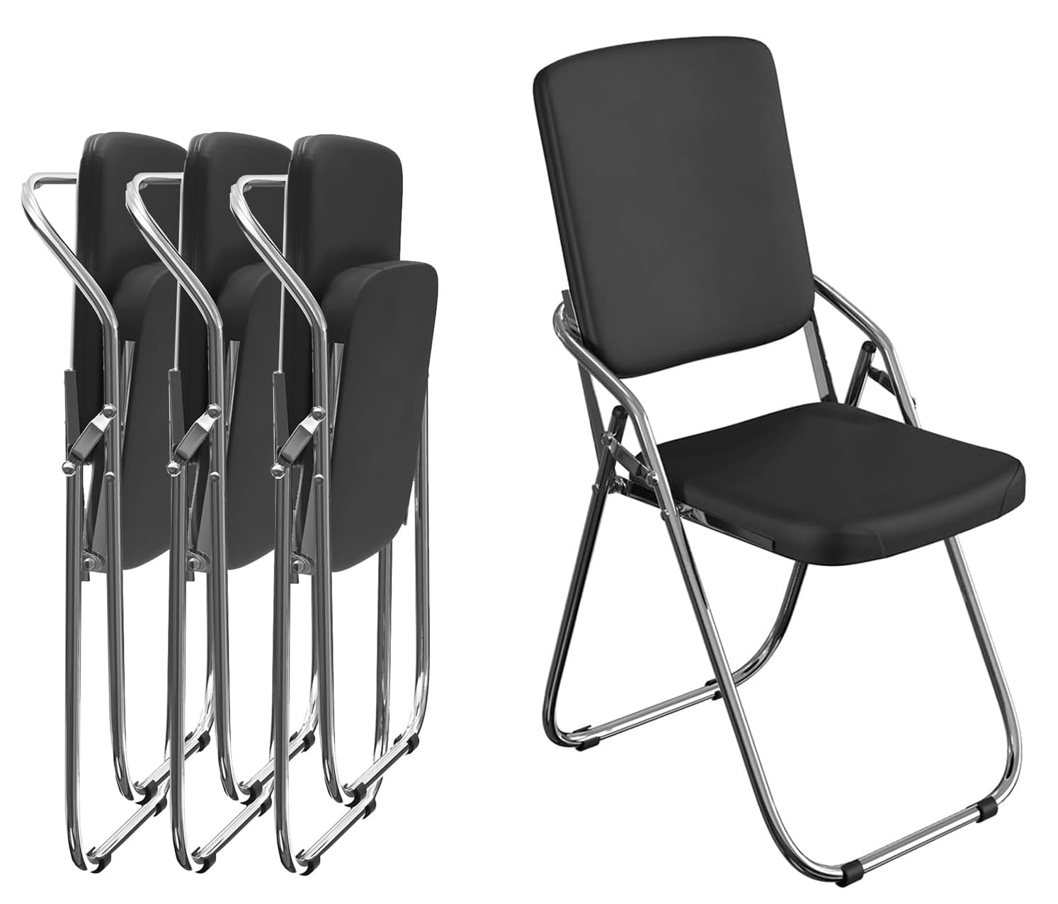 Set de 4 Silla Plegable Acolchada Sillas Plegables Comedor de Cuero, Sillas de Estudio Plegable, Silla Plegable Cocina para Cocina, Interior, Exterior, Sala de Conferencias (Negro)