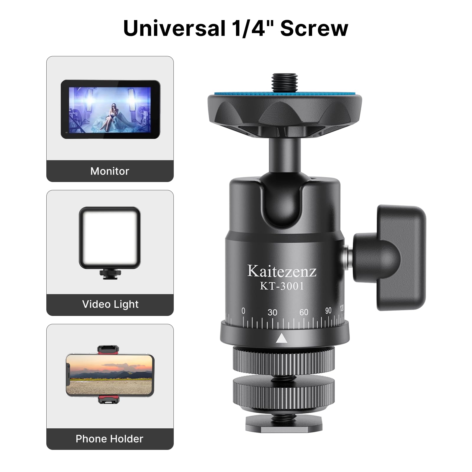 Kaitezenz Mini Ball Head, Panoramic Camera Tripod Head with 1/4" Screw and Dual Hot Shoe Mount, 360 Rotatable Metal Adapter for DSLR Camera Tripods Monopods Camcorder Light Microphone, Max Load 5.5lbs