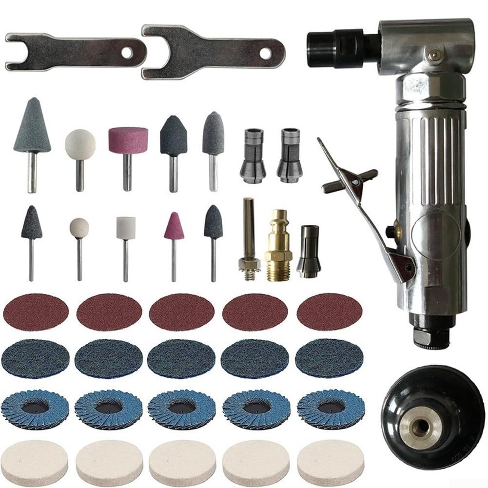 Kit smerigliatrice pneumatica a 90 gradi 39 pezzi Set di strumenti per lucidatura pneumatica per legno, lavorazione dei metalli, scultura, incisione, levigatura, con teste di rettifica, dischi e