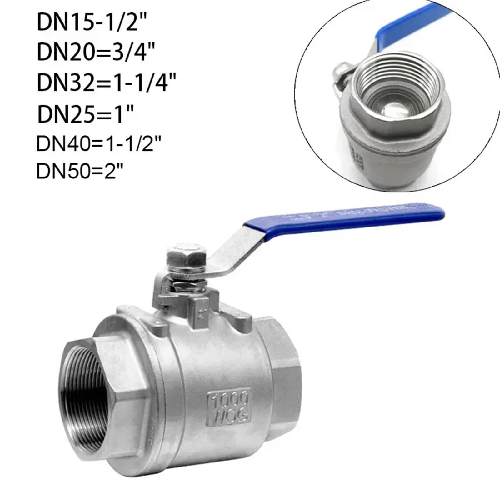 Válvula de bola de acero inoxidable SS304 2P, paso completo, 1/2", 3/4", 1" y 1-1/4", con manija hembra. | Tubo de válvula (1-1/2 pulgadas)