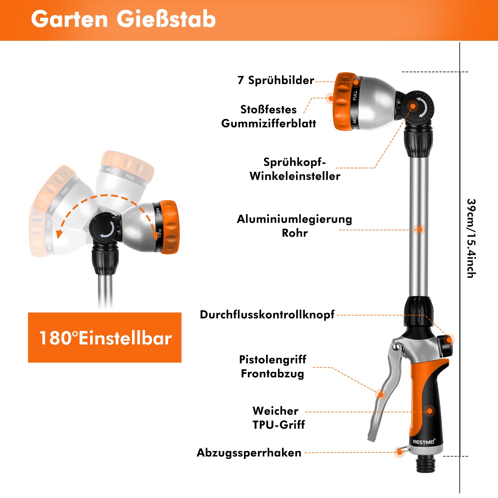 RESTMO Garten Gießstab Metall, 42cm Lang Gartenbrause mit Stiel, 180° schwenkbaren Kopf Stabbrause mit Durchflusskontrolle, 7 Sprühbilder Bewässerung Zauberstab für Blumenampeln und Sträucher, Orange