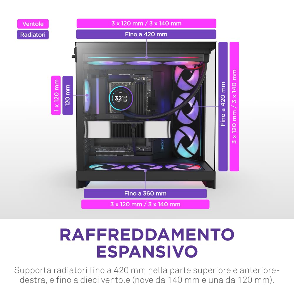 NZXT H9 Flow RGB (2025) – Grande Case PC ATX Mid-Tower a Doppia Camera con Flusso d'Aria – Include 1 x Unità Ventola RGB da 420mm e 1 x Ventola da 120mm – Supporto Radiatore da 420mm – Nero