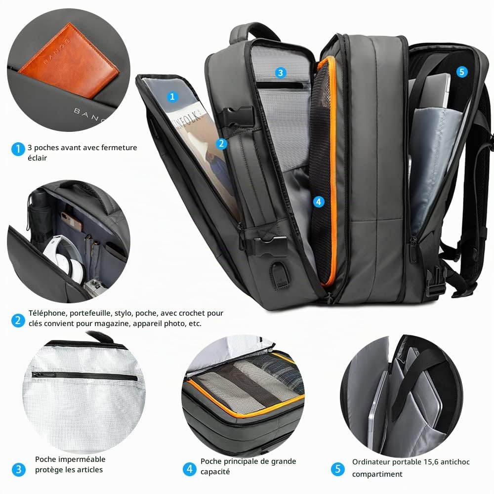 BANGE Sac à dos de voyage convertible durable pour ordinateur portable de 17,3" pour homme et femme
