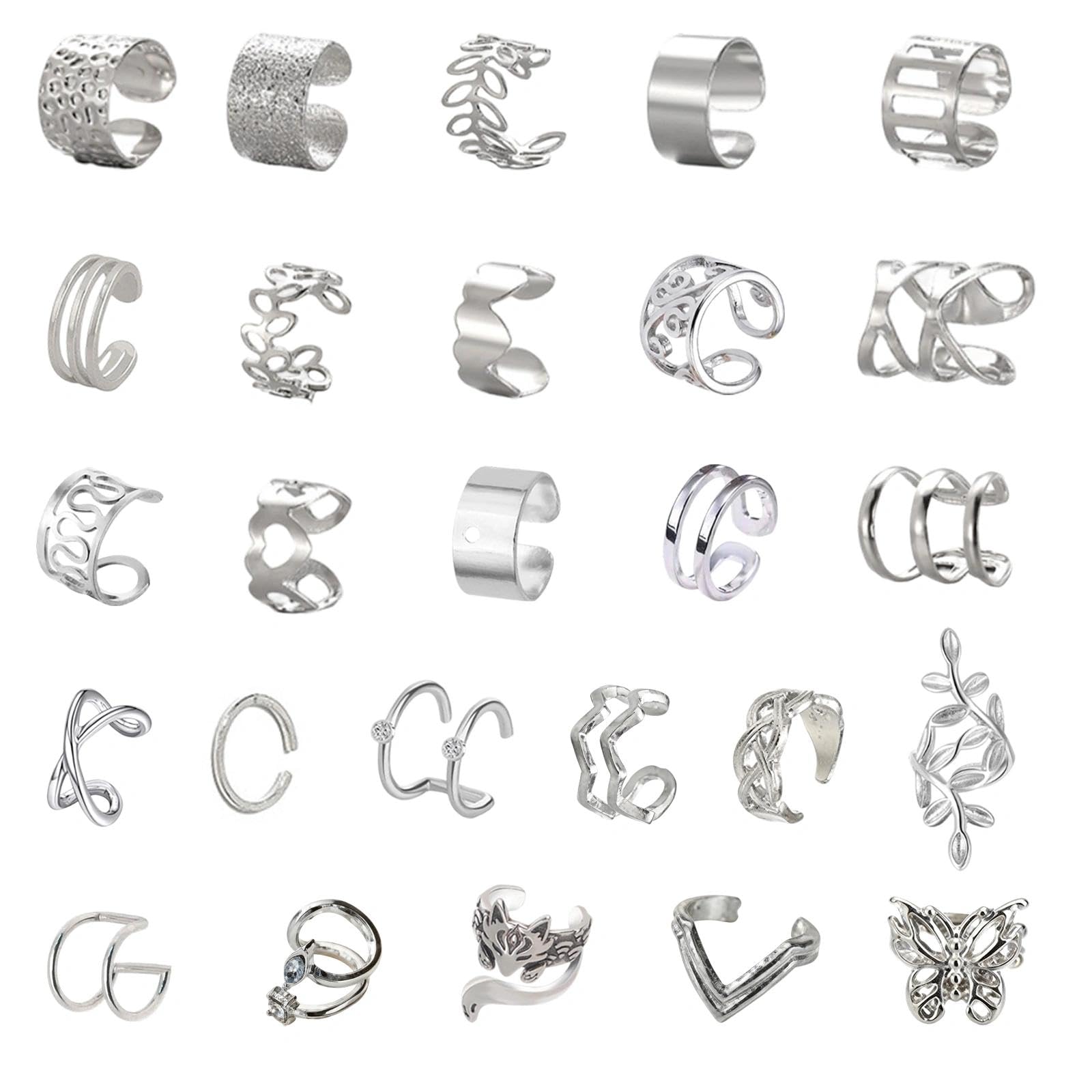 26Pcs Ear Cuff Pendientes Oreja Sin Agujero para Mujere Joyas Ajustables para las Orejas Sin Perforar Pendientes Clip Hipoalergénicos Falsos Piercing Oreja Cartílago Helix Ear Cuff Plata