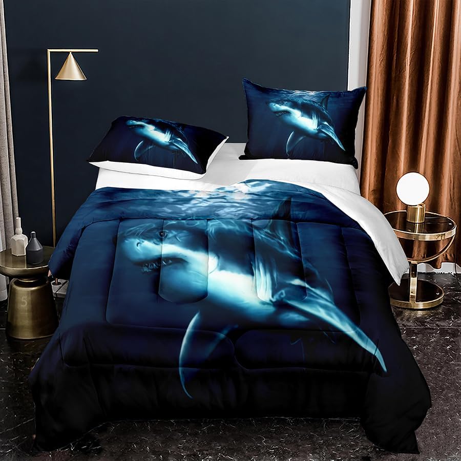 NINENINE Juego de ropa de cama de tiburón azul para niños, tamaño Twin para adolescentes y niños, edredón azul marino, juego de cama con diseño de