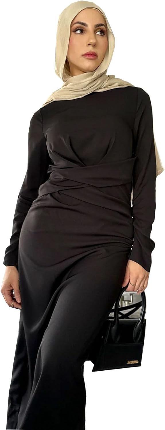Women Abaya Dress Muslim Winter Dress Islamic Waistband Robe Long Sleeve Prayer Gown - Image 2
