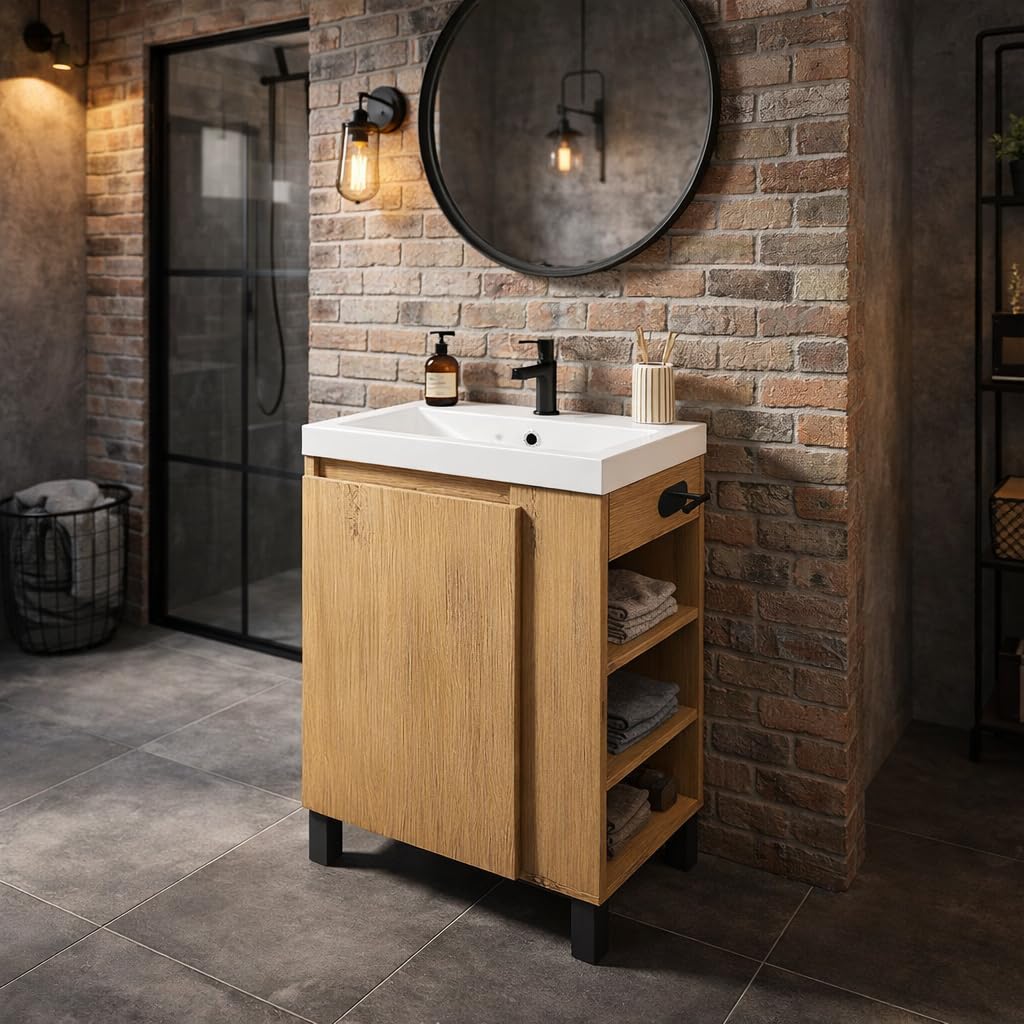 Mobile base con lavabo SEVA, 57 cm di larghezza, Set di mobili da bagno per bagno e WC ospiti, Lavabo in piedi o sospeso, Mobiletto con portarotolo - Rovere Lancillotto