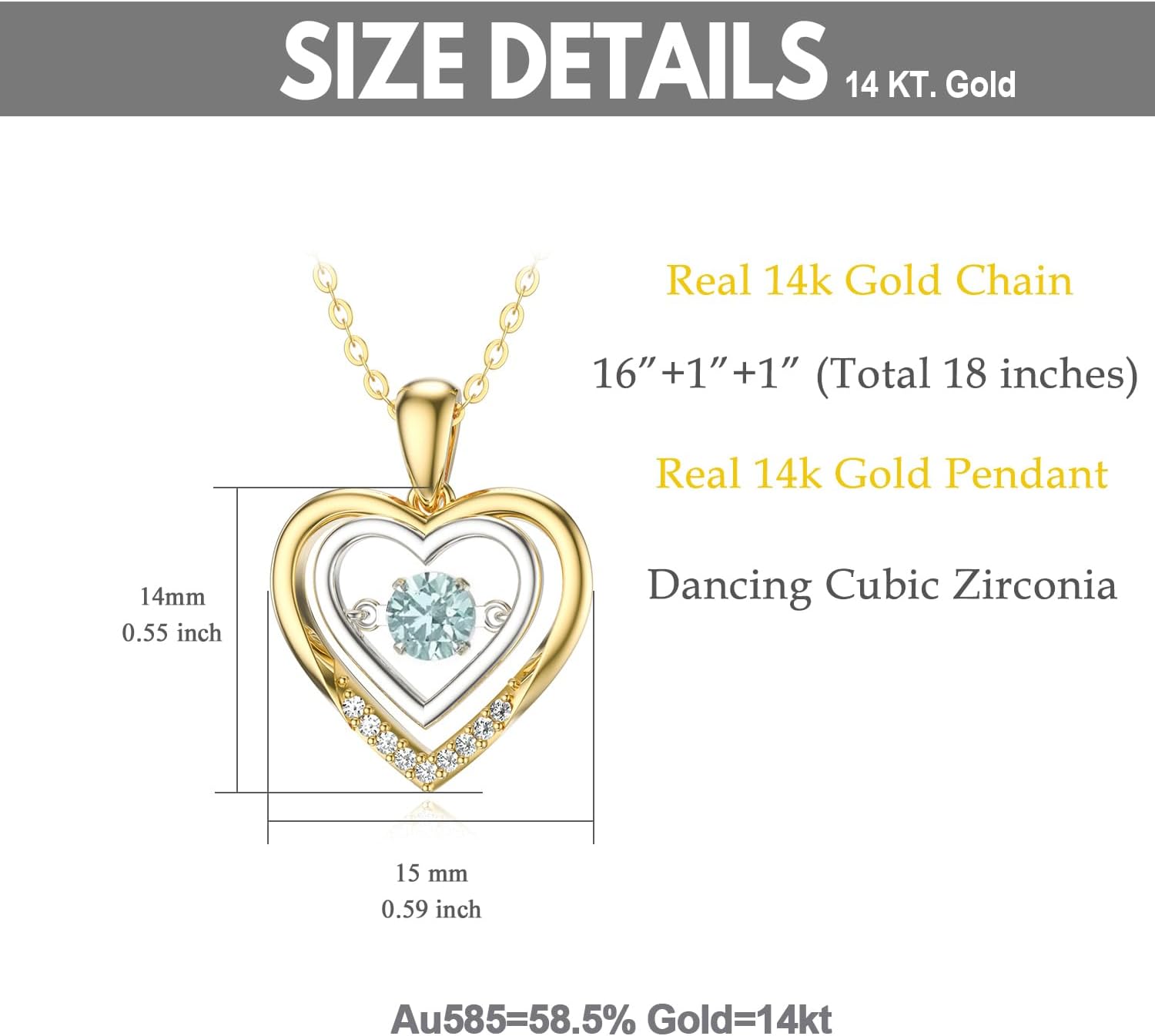 SISGEM 14k Gold Birthstone Heart Pendant Necklace for Women, Birthday Jewelry Gifts for Her (16+2 Inches 14k Gold Chain)