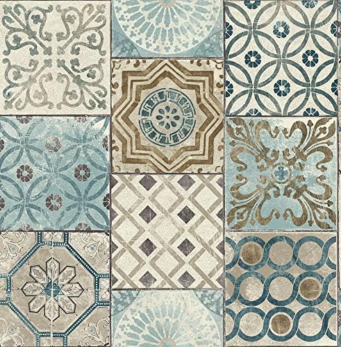 NextWall Moroccan Style Peel and Stick Mosaic Tile Vinyl-Coated Paper Wallpaper (Blue, Copper & Grey) - One