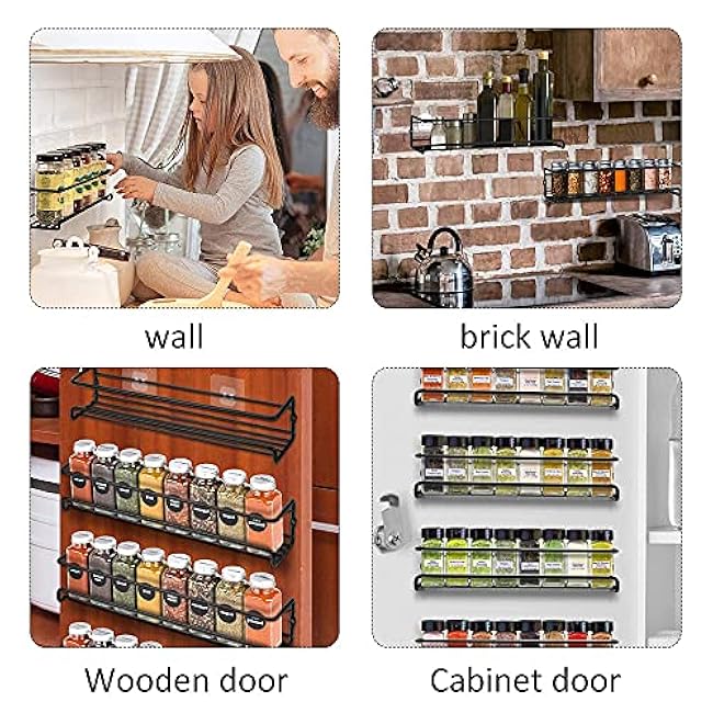 Spice Rack Organiser Hanging Spice Shelves Carbon Steel Wall Mount Spice Rack Kitchen Storage Racks Storage Spices and Condiments Spice Jars for Kitchen Cabinet Cupboard Pantry Door (4)
