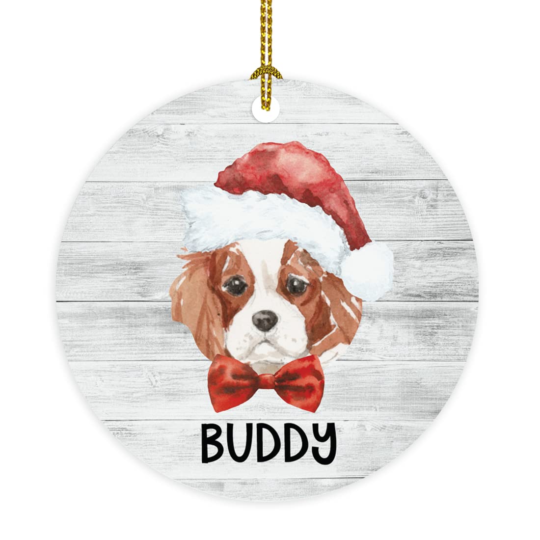 INKOLOGIE Personalised Round Christmas Tree Wood Ornament Gift, Cavalier King Charles Spaniel, Santa Hat Dog Graphic, Custom Name, 1-Pack, Pet Dog Lovers