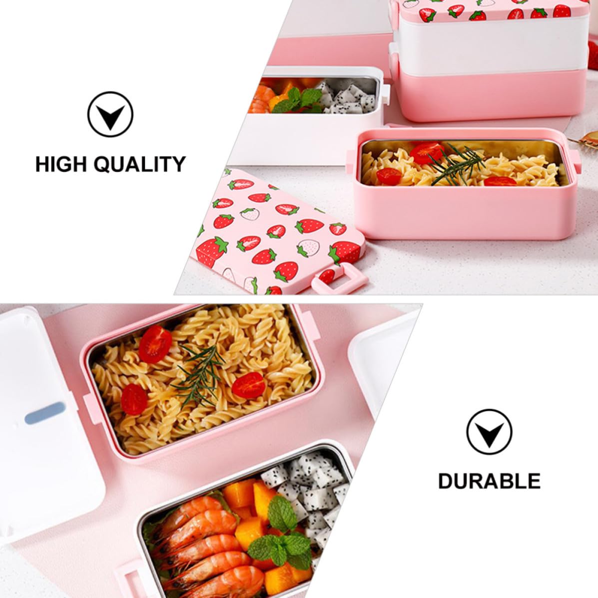 KICHOUSE Fiambrera Material Pp Diseño de Fresa Bento Portátil de 2 Niveles Resistente a Derrames Llevar Alimentos Cómodamente Adecuado para Oficina