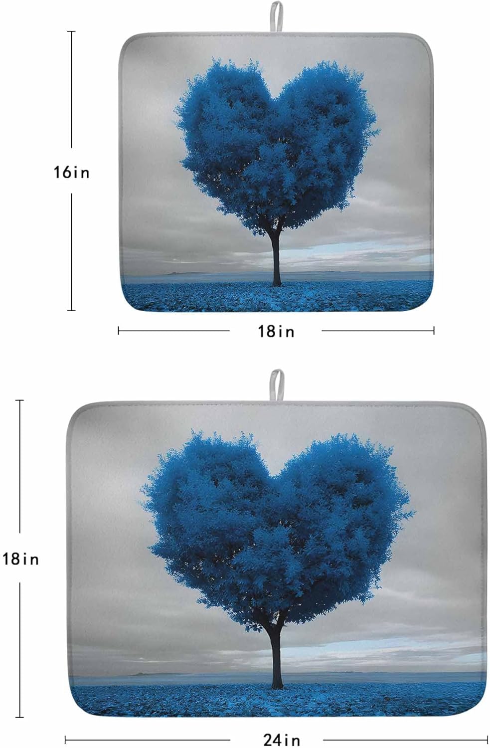 Valentine's Day Dish Drying Mat for Kitchen Counter Romantic Spring Blue Maple Leaf Love Heart Tree Grey Super Absorbent Dry Fast Dishes Pad Home Decor Rack Mats for Coffee Bar, 16"x18",2pcs