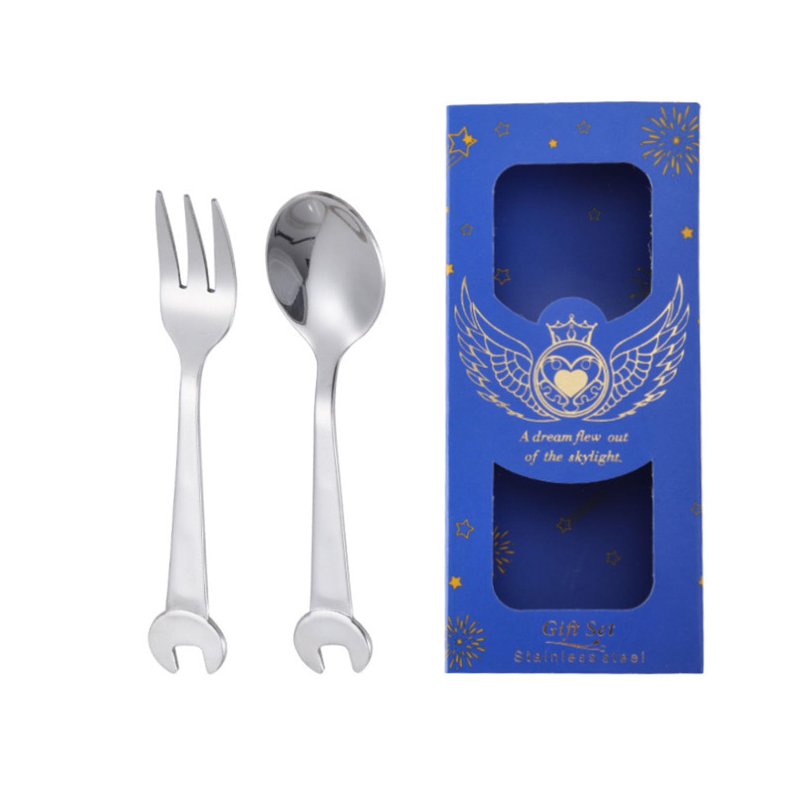 jiingekk Stainless Steel Wrench Shaped Spoon and Fork Set Multipurpose Kitchen Utensils for Dessert Coffee Stirring Stainless Steel Spoon Fork Set