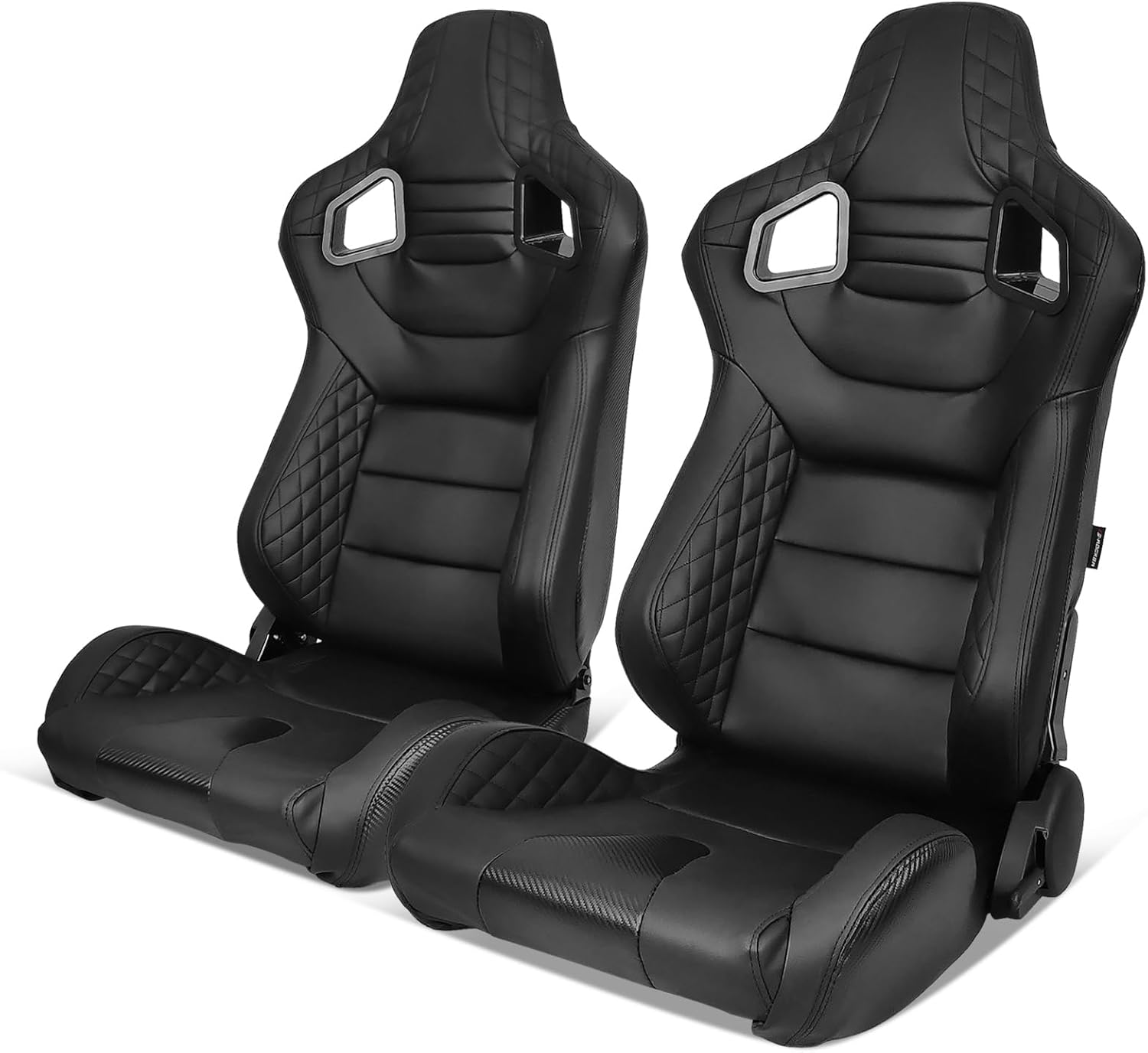 Universal Pairs of Racing Seat with Dual Sliders, PU Leather Front+Carbon Leather Back Reclinable Bucket Seat, Black