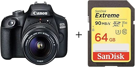 Canon EOS 4000D 18MP DSLR Camera and EF-S 18-55 mm 5-5 III Lens with 64G Memory Card- Black Canon EOS 4000D 18MP DSLR Camera and EF-S 18-55 mm 5-5 III Lens with 64G Memory Card- Black