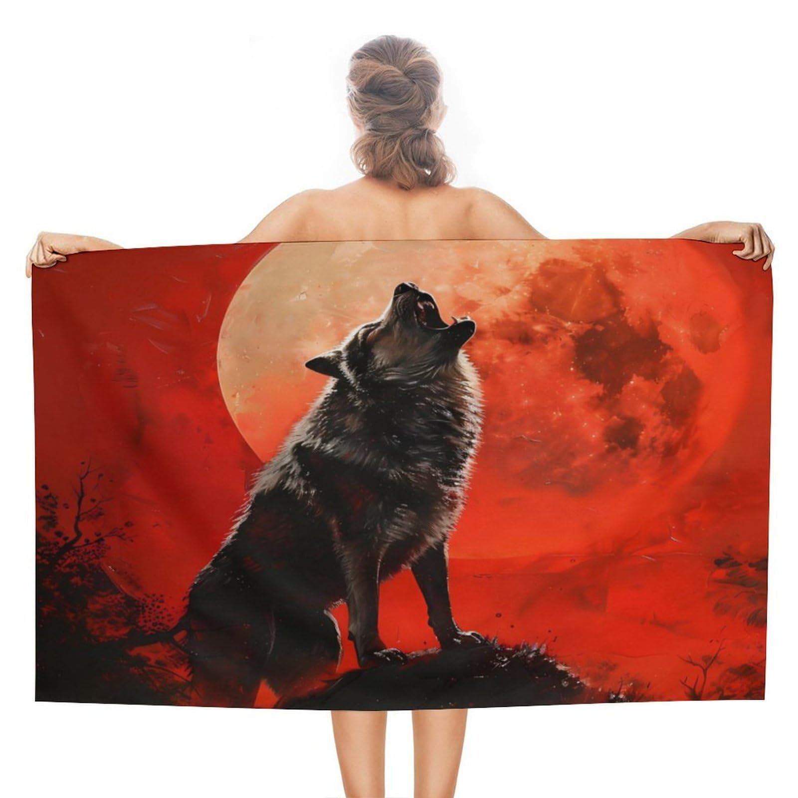 CGSBNGHA Howling Wolf Red Moon Beach Towels Soft Bathroom Bath Pool Swim Towels for Women Men