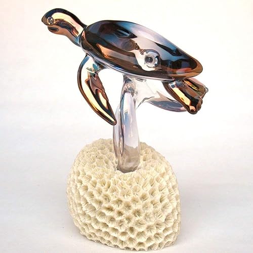 Miniatura 3 de Sea Turtle Figurine of Hand Blown Glass on Coral