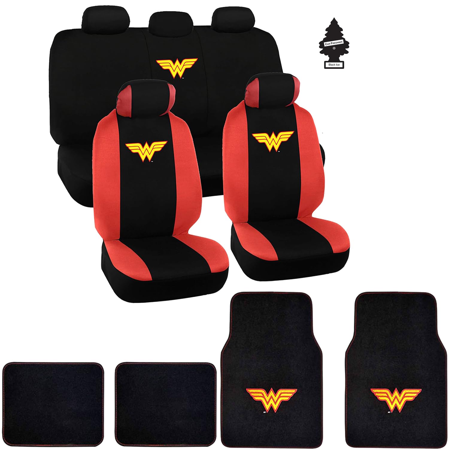 Wonder Woman Car Seat Covers Full Bundle Set | Warner Brothers Black & Red Polyester Seat Protectors & Floor Mats | Stylish Auto Accessories for Ultimate Protection & Superhero Enthusiasts