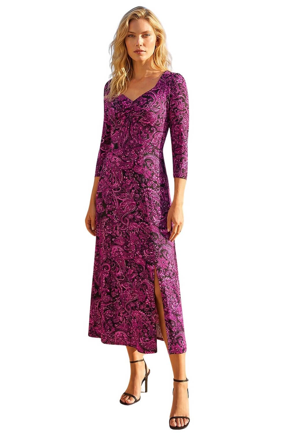 Roman Floral Print Dress for Women UK Ladies Sweetheart Neck Ruched Midi Maxi Long Length Short Sleeve Flattering Casual Summer Spring Party Evening Going Out - Magenta - Size 16