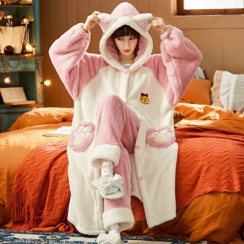 Amazon.co.jp: 女性用フード付きパジャマセット,厚手のゆったり