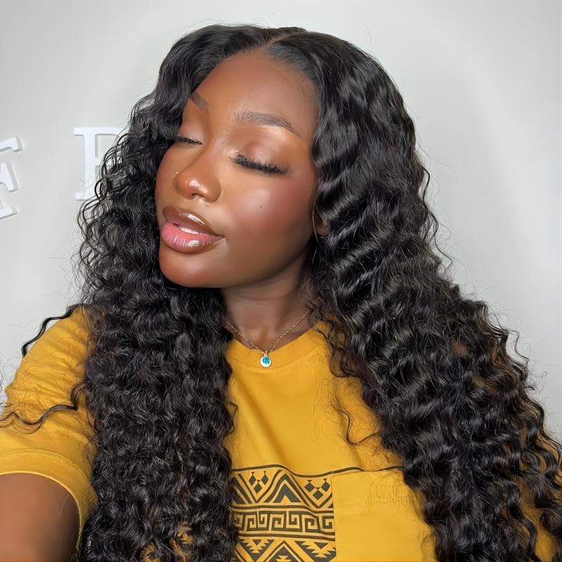 Image of ISEE Hair Glueless Wig Human Hair Deep Wave 7X5 HD Lace Front Wig 28 Inch