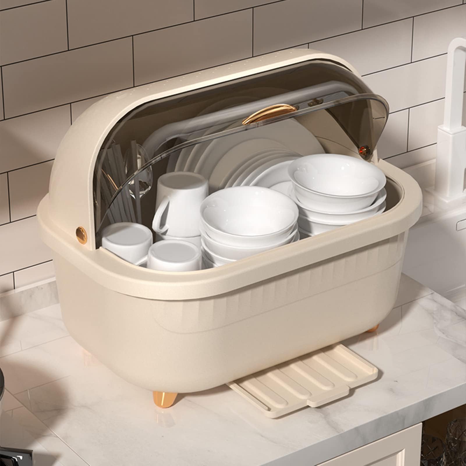 TAME Dish Drying Rack, Large Dish Racks Organizers, Plastic Dish Drying Stand with Cover Lid and Drainboard, Kitchen Dish Racks for Kitchen Counter Cabinets Space Saver Organizer