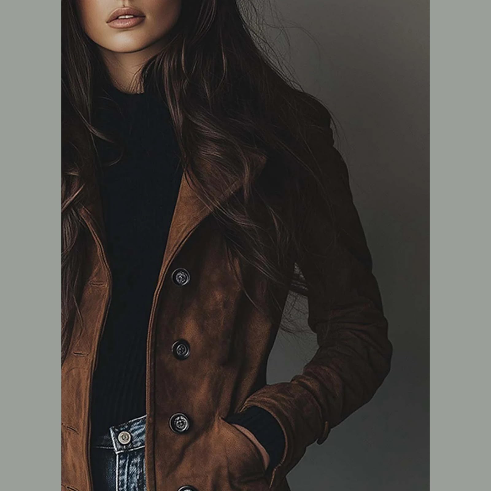 Giacca in pelle scamosciata per le donne Autunno Inverno Doppio Petto Classico Risvolto Slim Ladies Faux Suede Cappotto Trench Vintage Suede