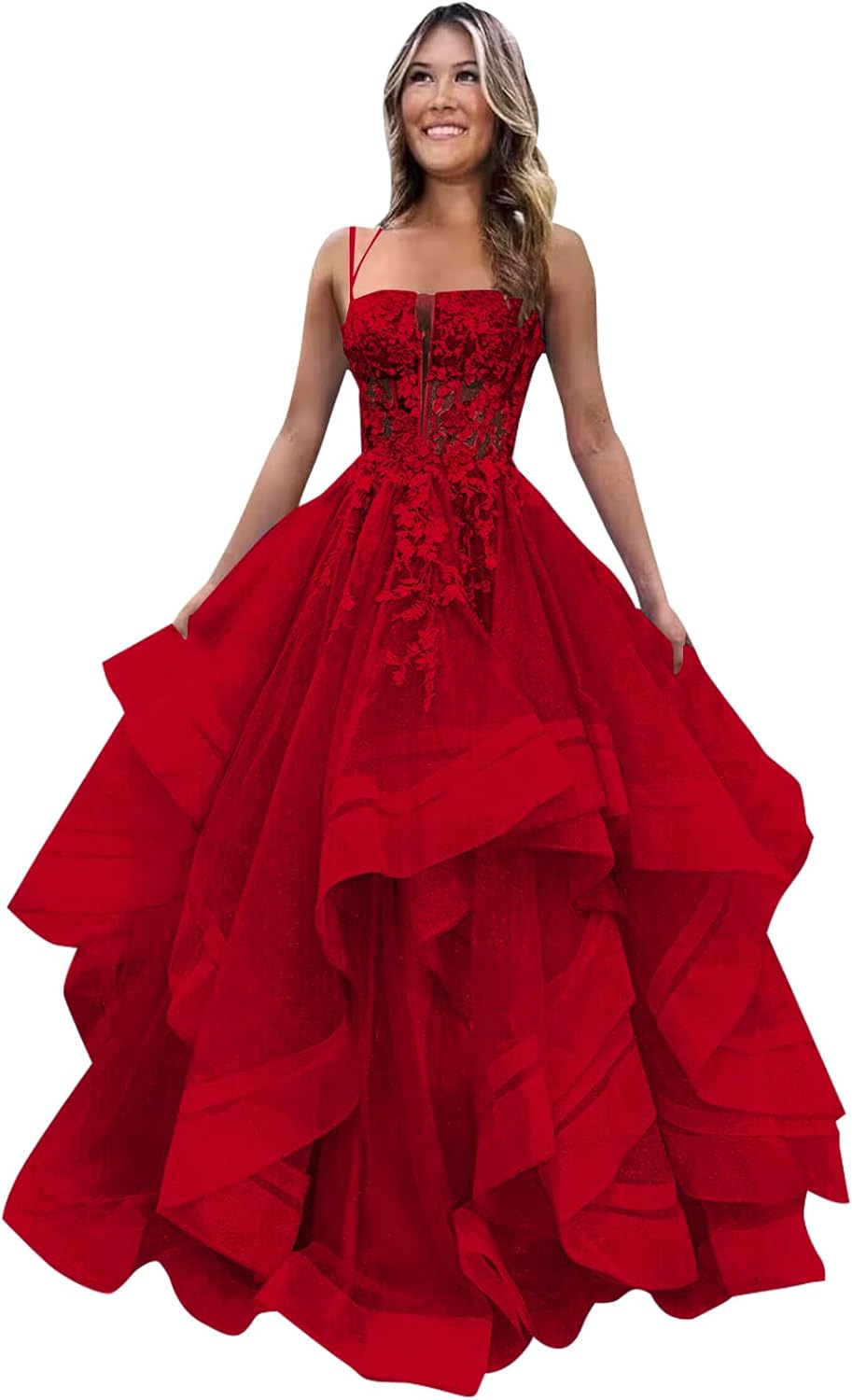 Tulle Tiered Prom Dress for Women 2026 Spaghetti Straps Formal Dresses Lace Appliques Evening Party Gown