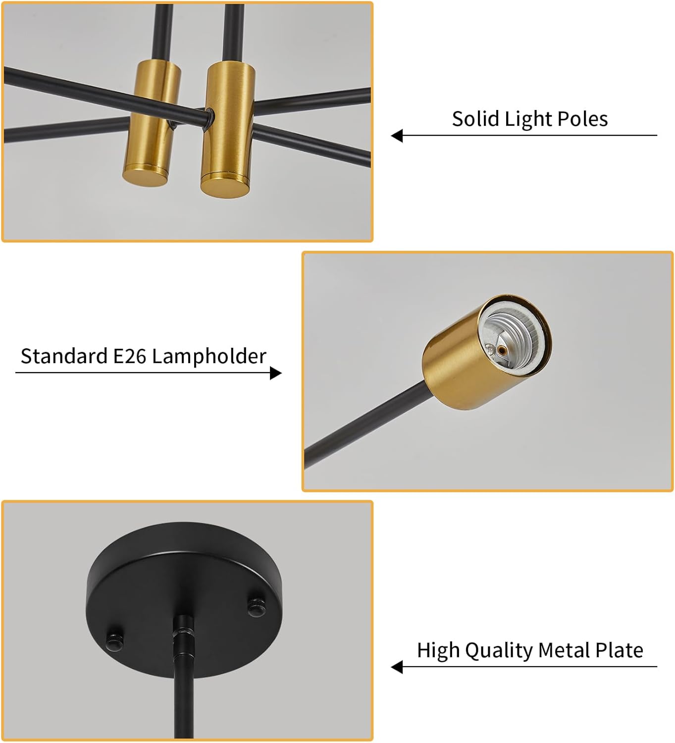 23.7" Modern Pendant Ceiling Light Fixture, 6-Light Sputnik Chandelier, Height Adjustable Mid-Century Style Dining Table Pendant Light, Suitable for Dining Rooms, Living Rooms, Kitchens, Island