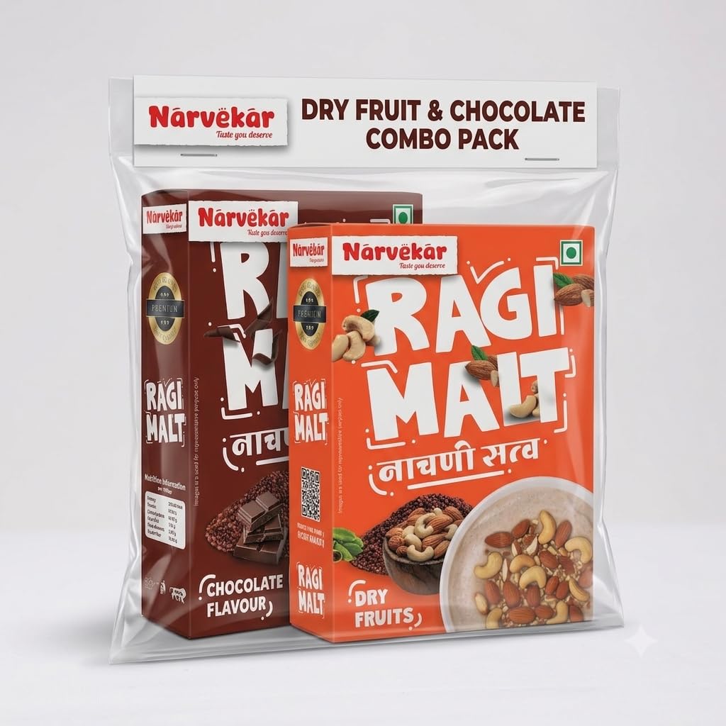 Narvekar Ragi Malt Combo Pack | Chocolate Flavour + Dry Fruits Flavour | Instant Finger Millet Health Drink Mix | Rich in Calcium & Dietary Fiber | 2 x 200g-image-46