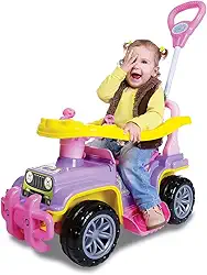 Carrinho de Passeio Jipe, Quadriciclo Infantil, Menina, com Haste, Veiculo Andador para Criança e Bebê, Maral, Jip Jip Rosa e Amarelo