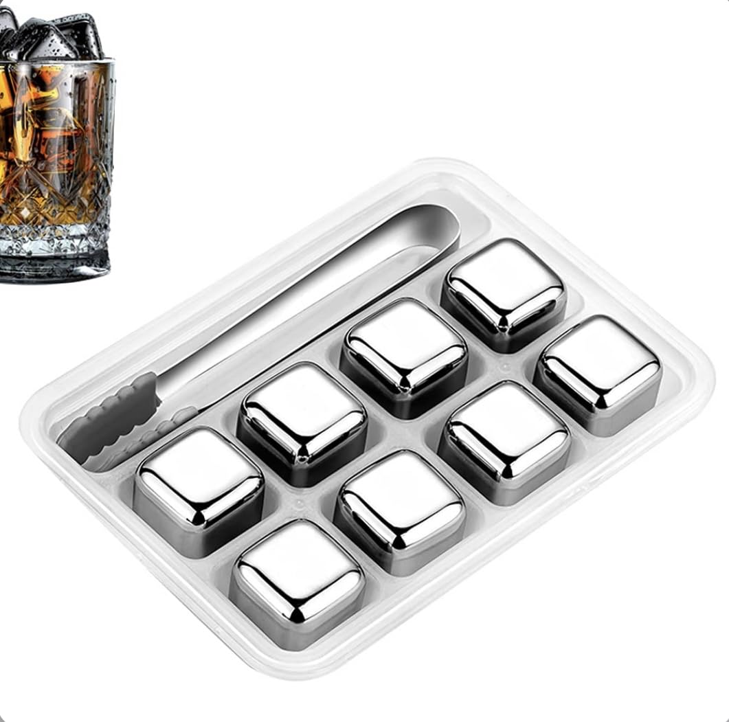 Generic 8 pack reusable stainless steel ICE CUBES for alcoholic and non alcoholic beverages, high and fast cooling process, Ice mold & Metal Tong included
