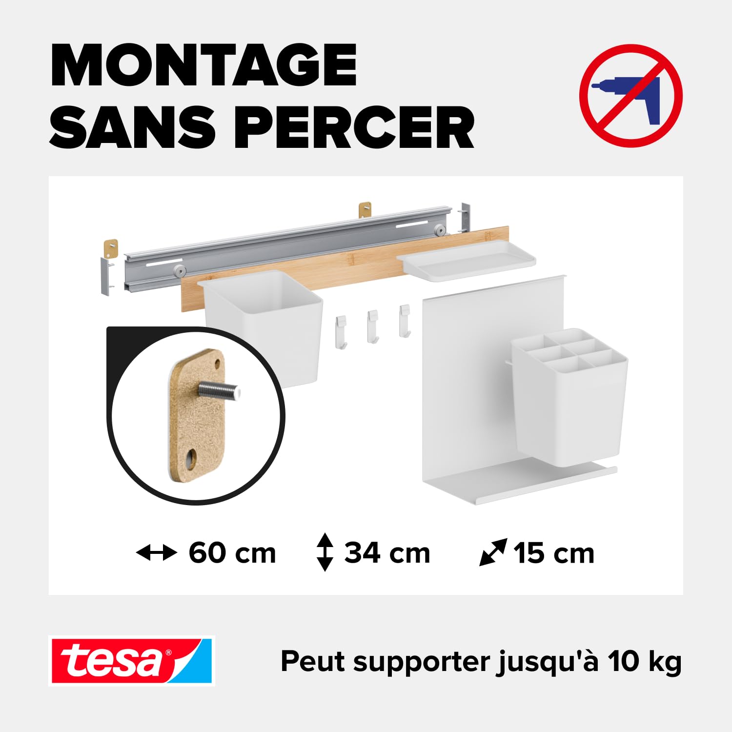 Tesa Rangement de Cuisine Combiné M - Barre de Crédence Autocollante avec Pot à Herbes, 2 Étagères, Porte-Ustensiles, Barre à Crochets Comprenant 3 Crochets - Montage sans Perçage - Bambou/Blanc