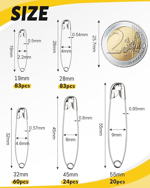 270 Spille da Balia 6 Misure Piccole(19mm/28mm/32mm) e Grandi(45mm/55mm) Argento Spille da Balia in Metallo per Arti e Mestieri Cucito fai da te - 2