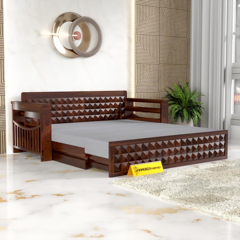 Solid Sheesham Wooden Sofa Cums Bed with Mattress for Living Room | Rosewood 3 Seater Sofa Cums Bed for Bedroom Without Pillow (Walnut BD, 3 Seater)