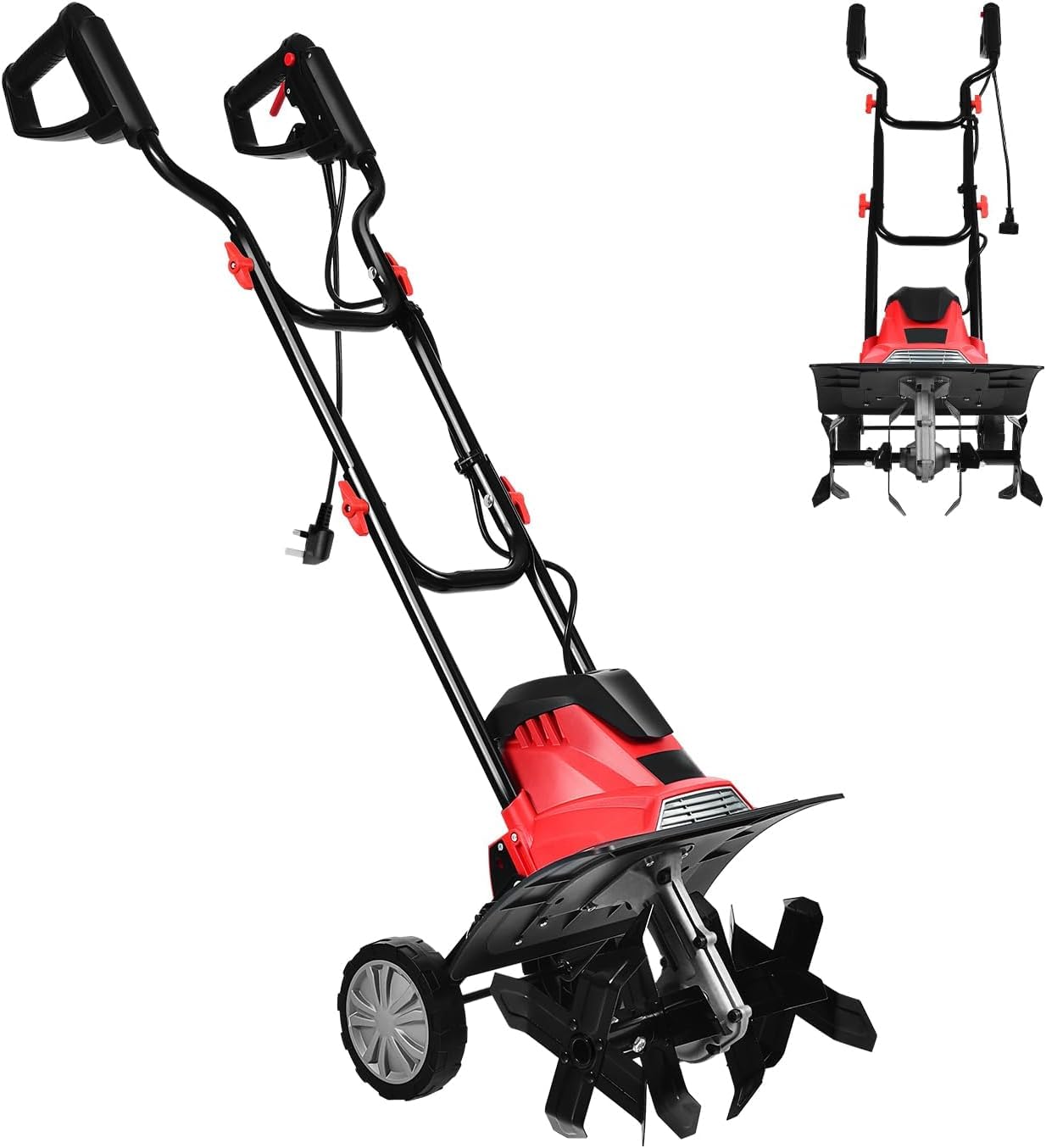 SOARS Motobineuse Electrique Pliable 1200W, Largeur de Travail 36 cm, Profondeur de Travail 22 cm, 4 Fraises, Motoculteur avec Interrupteur de Sécurité (Rouge, 36 x 40 cm, avec Roues, Premium)