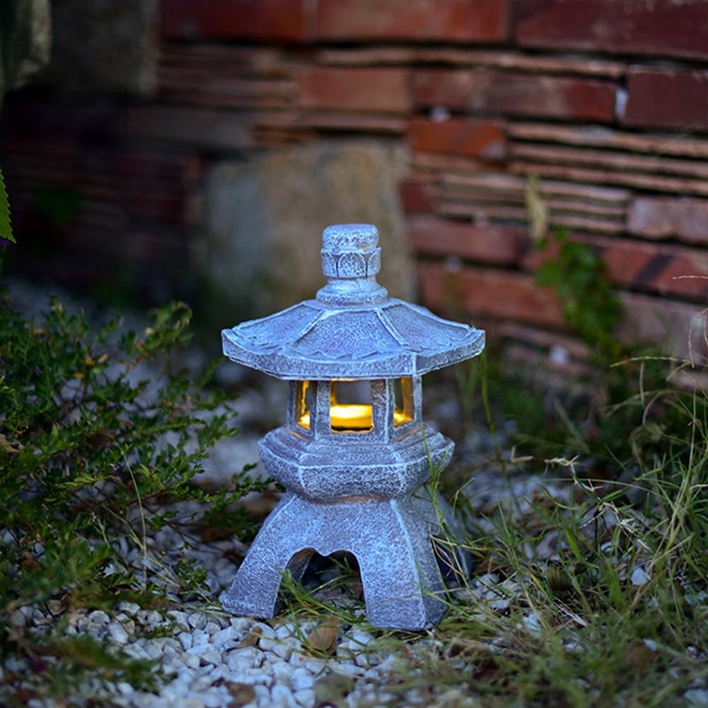 Lanterna a pagoda ad energia solare, statua da giardino zen in resina, torre giapponese in pietra per esterni, luce decorativa per cortile resistente alle intemperie, per illuminazione paesaggistica