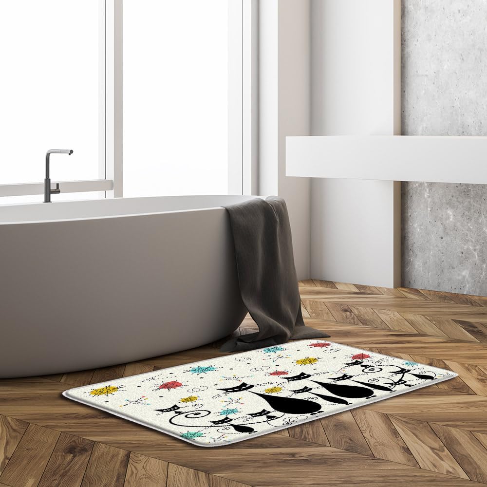 Mid Century Modern Bath Mat Atomic Cat Diamonds Iconic Sputnik Black Retro Abstract Geometric 1950s 1960s Bathroom Kitchen Rugs,16x48 Inch