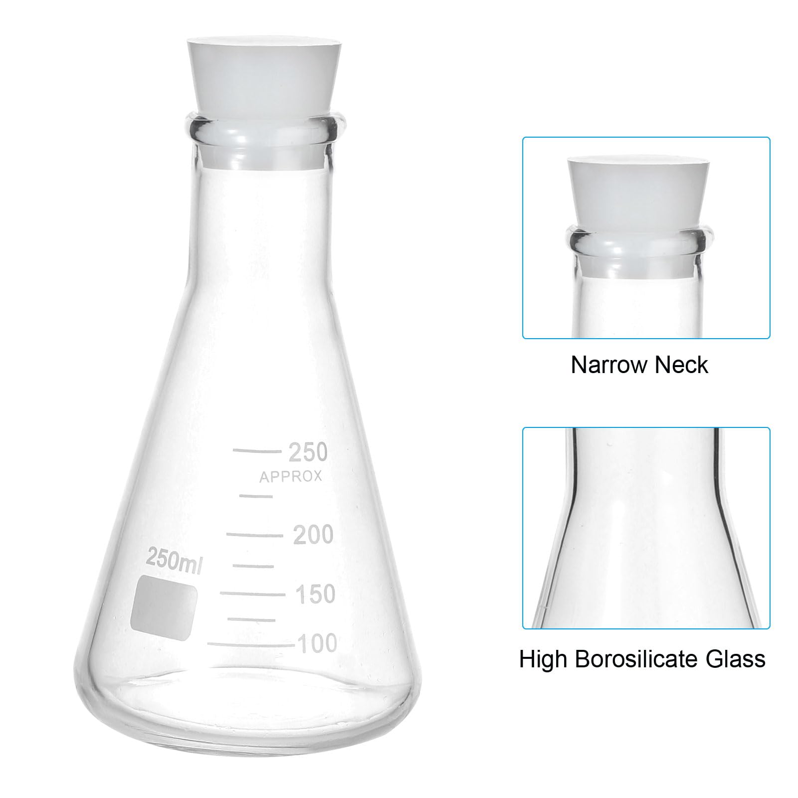PATIKIL Erlenmeyerkolben 2 Set 250ml 8.5oz Schmalhals Messkolben Mit Silikonstopfen Borosilicatglas Kolben Mit Aufgedruckter Skala Für Laborversuche Chemie Wissenschaft