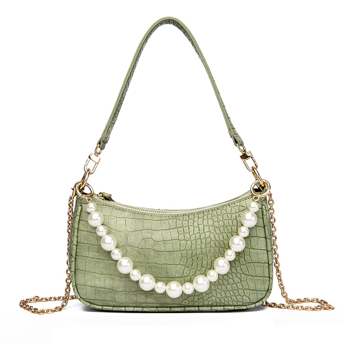 DOREAMALOE Shoulder Bag Retro Classic Purse Clutch Shoulder Tote HandBag with Zipper Closure for Women, Green-pearl Chain, One Size