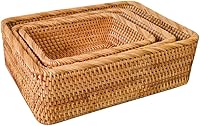Vista 6 de Caja de frutas de mimbre rectangular hecha a mano, bandeja de ratán, organizador de revistas y objetos pequeños, cesta para servir (pequeña)