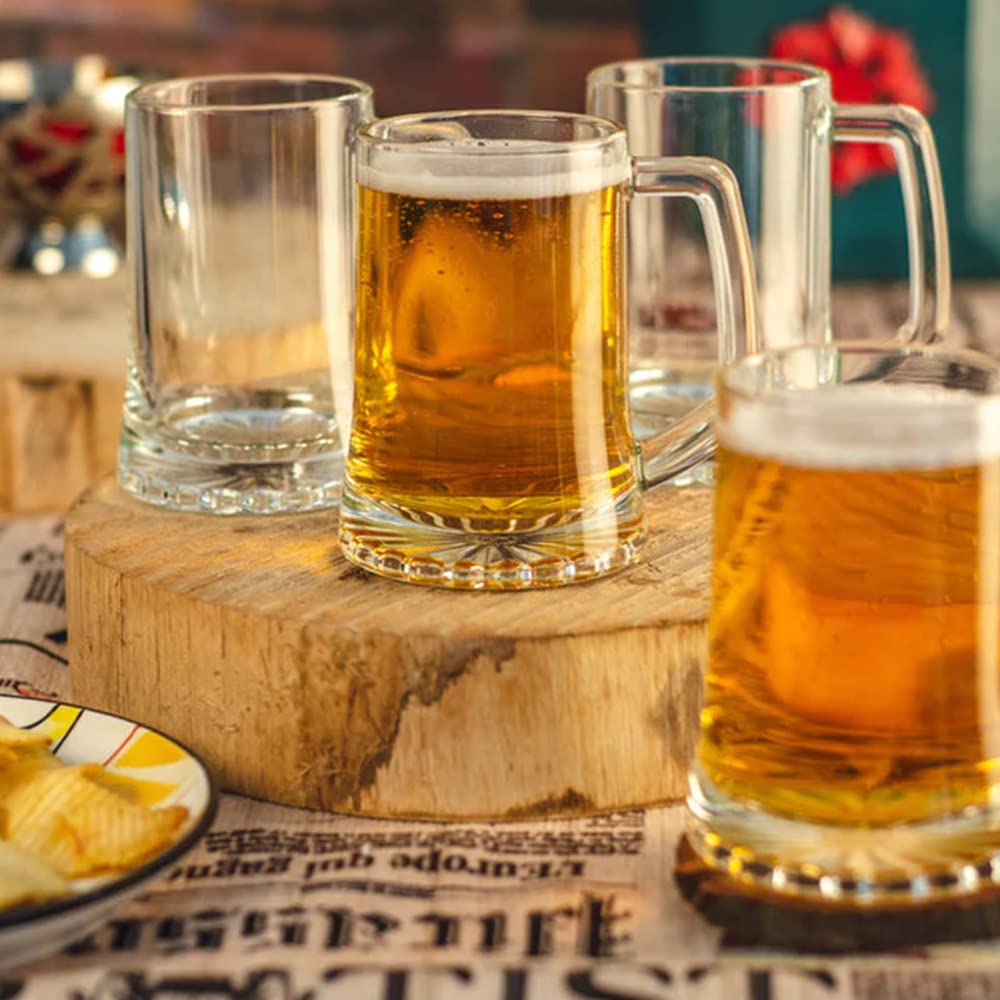 Royal Leerdam Artisan Beer Mug Set 320ml, Thickened Glass Beer Mug With Handle, 32 cl Beer Glass Mug Set Of 4, Beer Glass Set, Cup for Beer Drinking Glasses Mugs