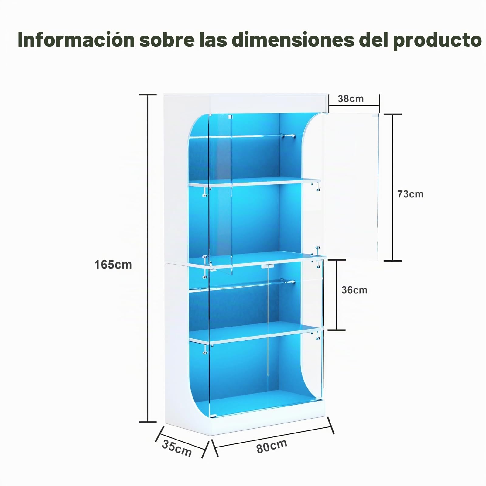 Vitrina de cristal con LED, vitrina para colección, armario de cristal moderno, 6 estantes, 4 puertas, transparente, mueble vitrinas para dormitorio, salón, comedor, 80 x 35 x 165 cm (blanco