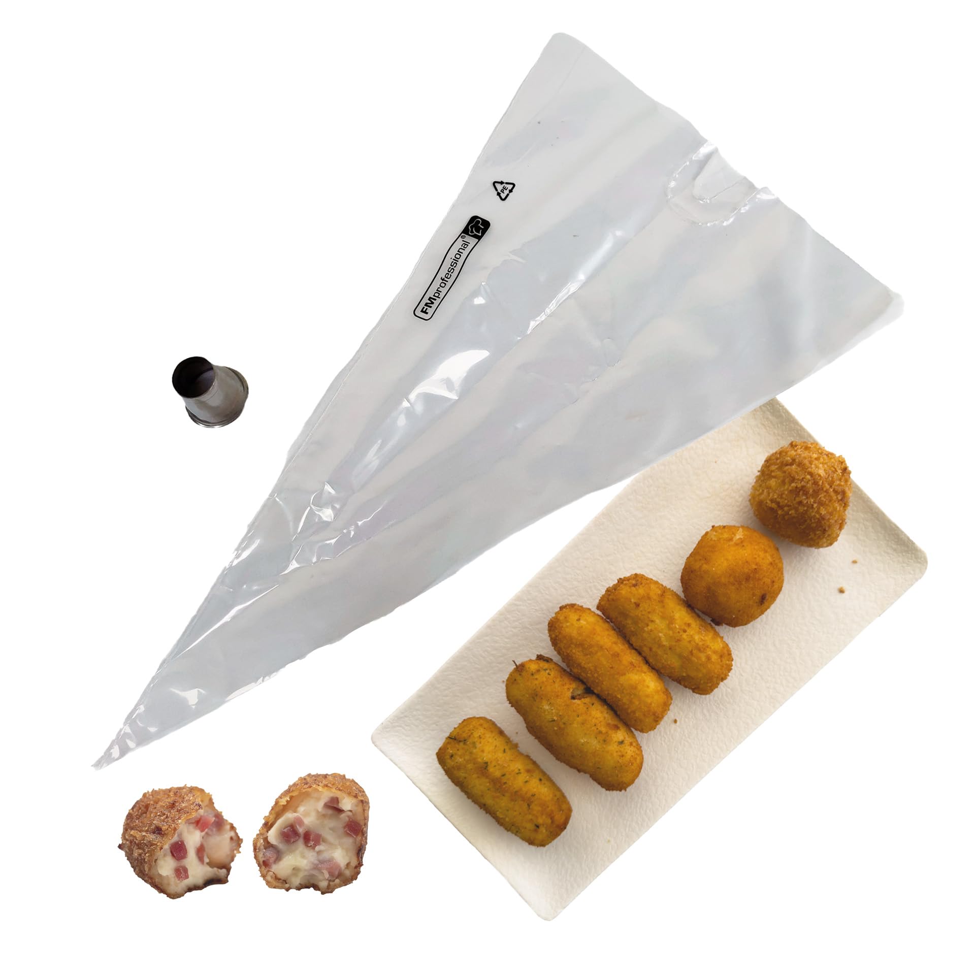 Fackelmann Acero Inoxidable Set Para Croquetas, Contiene 10 Mangas Desechables Y 1 Boquilla De Mangas Hacer Croquetas 55X33cm, Boquilla Ø3,6X2,5Cm, Manga Pastelera, Manga De Churros